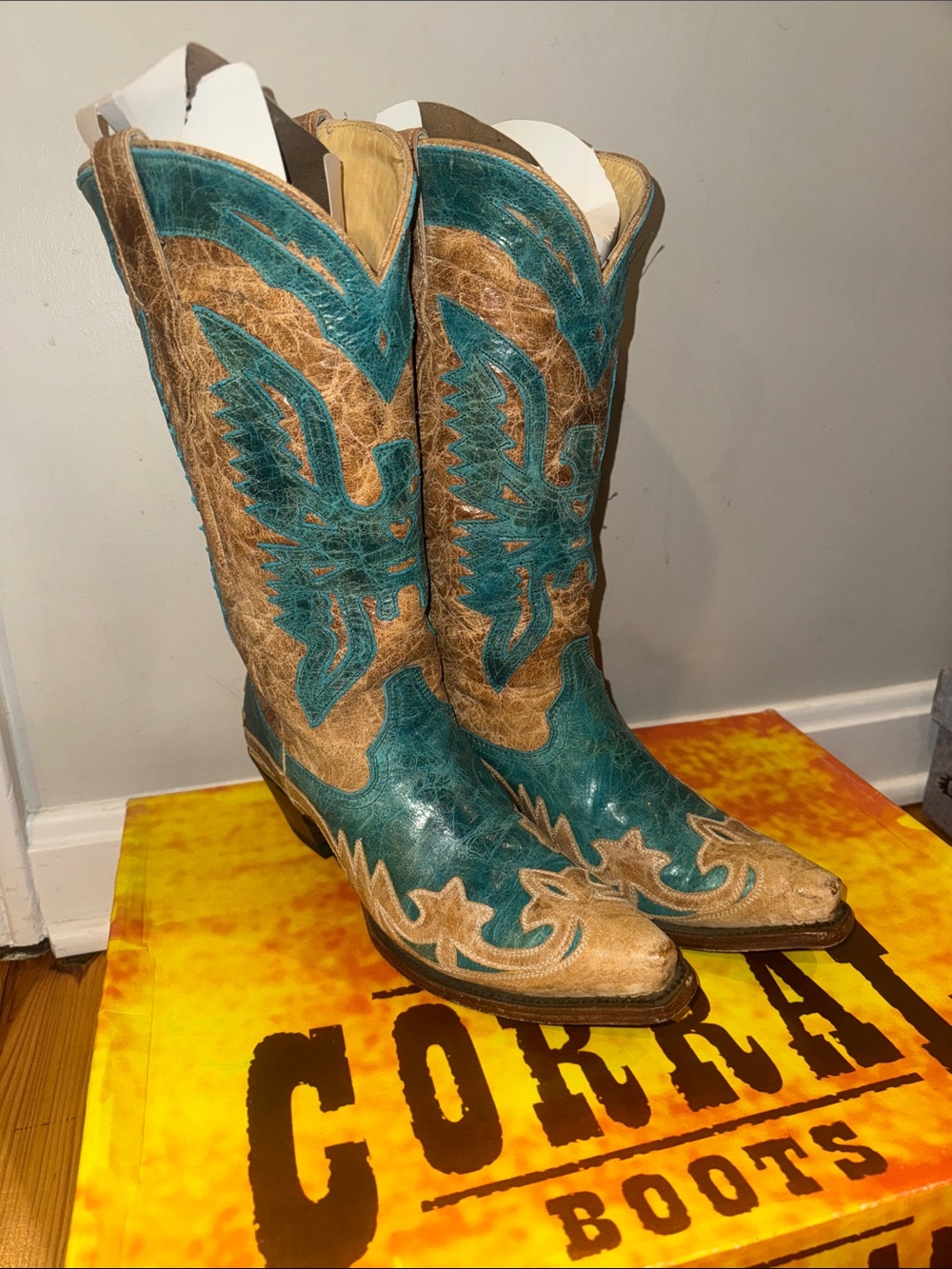 Corkys Teal and Tan Western Embroidered Cowboy Boots